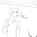 1:1 2020 5_fingers anthro beastars canid canine canis clothed clothing dialogue english_text fingers hi_res hladilnik legoshi_(beastars) male mammal monochrome polo_shirt shirt sketch text topwear wolf