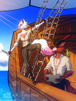 anthro beak belly black_nose breasts cleavage clothed clothing cloud duo eye_patch eyewear feathers female feral fur male male/female outside pink_belly pirate pirate_hat pirate_outfit red_body red_fur sea ship sky tan_belly vehicle water watercraft white_body white_fur capt-tangerine five_nights_at_freddy's five_nights_at_freddy's_2 scottgames foxy_(fnaf) mangle_(fnaf) avian bird canid canine canis fox macaw mammal neotropical_parrot parrot true_parrot 2026 3:4 digital_media_(artwork) hi_res