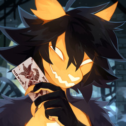 ambiguous_gender anthro black_body black_fur black_hair blurred_background card claws empty_eyes finger_claws front_view fur hair holding_card messy_hair narrowed_eyes nude nude_ambiguous nude_anthro open_mouth orange_body orange_claws orange_fur smile solo unsigned corzh77 species_request 1:1 absurd_res bust_portrait hi_res icon portrait