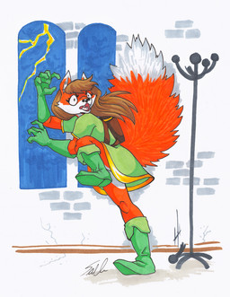 anthro backpack black_nose boots brown_hair clothed clothing electricity female footwear fur gloves hair handwear lightning open_mouth orange_body orange_fur scared shoes solo sabrina_stein diana_artemis canid canine fox mammal hi_res
