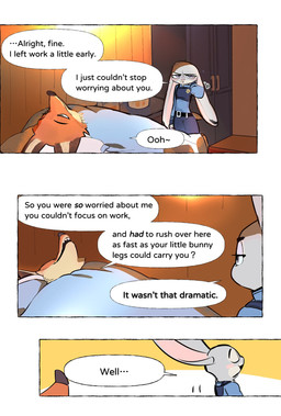 anthro brown_body brown_fur clothed clothing dialogue duo female fingers fur green_eyes grey_body grey_fur long_ears lying male motion_lines on_back orange_body orange_fur purple_eyes tan_body tan_fur text butterfish8199 disney zootopia judy_hopps nick_wilde canid canine european_rabbit fox lagomorph leporid mammal oryctolagus rabbit red_fox true_fox comic english_text hi_res