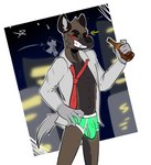 5_fingers anthro beer_bottle black_body black_fur blush bottle briefs bulge claws clothed clothing colored_seam_underwear container detailed_background eyes_closed fingers fur glowing green_briefs green_clothing green_underwear gums holding_beer_bottle holding_bottle holding_container holding_object male night open_mouth open_smile pantsless pantsless_anthro pantsless_male simple_background smile solo star teeth_showing underwear white_background white_seam_briefs white_seam_underwear syforg aggretsuko sanrio haida_(aggretsuko) hyena mammal spotted_hyena 2021 absurd_res hi_res