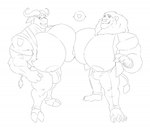 2_horns 2_toes 3_fingers 4_fingers 4_toes anthro big_pecs bulge claws clothing curled_horn duo eyebrows feet fingers heart_symbol hooves horn huge_pecs hyper male mane muscular muscular_anthro muscular_male nipples pec_expansion pecs smile standing tail tail_tuft thick_eyebrows toe_claws toes tongue tongue_out tuft kartos disney littlewolf112 zootopia chief_bogo leodore_lionheart bovid bovine cape_buffalo felid lion mammal pantherine 2022 monochrome