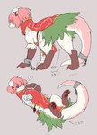 alternate_species asian_clothing bandage bandaged_leg butt chinese_clothing chinese_dress clothed clothed_feral clothing cuff_(restraint) dress east_asian_clothing female feral fur green_body green_fur hair lying min.k pawpads paws pelvic_curtain pink_body pink_fur pink_hair presenting presenting_belly presenting_hindquarters red_clothing red_eyes restraints shackles solo standing text white_body white_fur mythology touhou kasen_ibaraki dragon mythological_creature mythological_scalie scalie hi_res japanese_text model_sheet
