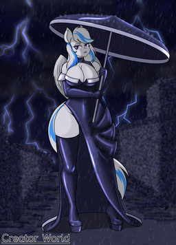 5_fingers alternative_fashion anthro armwear big_breasts black_armwear black_clothing black_dress black_elbow_gloves black_gloves black_handwear black_latex black_legwear black_thigh_boots black_thigh_highs blue_hair boots breasts cleavage cleavage_cutout clothed clothing cutout dress elbow_gloves electricity female fingers footwear fur gala_dress gloves goth hair handwear high_heeled_boots high_heels holding_object holding_umbrella latex latex_armwear latex_boots latex_clothing latex_dress latex_elbow_gloves latex_footwear latex_gloves latex_handwear latex_legwear latex_thigh_boots latex_thigh_highs legwear lightning multicolored_hair night platform_boots platform_footwear platform_heels purple_eyes raining shoes solo standing thigh_boots thigh_highs two_tone_hair umbrella victorian_goth white_body white_fur white_hair wings creator_world_(artist) mythology lady_lightning_strike_(oc) equid equine mammal mythological_creature mythological_equine pegasus 2023 hi_res