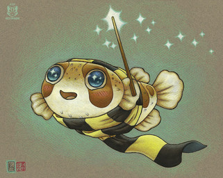 ambiguous_gender blue_eyes blush feral hufflepuff humor magic_user open_mouth pun scarf solo sparkles visual_pun wand kacey harry_potter_(series) aquatic fish pufferfish tetraodontiform 2017 acrylic_painting_(artwork) colored_pencil_(artwork) marker_(artwork) painting_(artwork) pen_(artwork) traditional_media_(artwork) traditional_painting_(artwork)