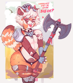 anthro armor axe bedroom_eyes clothing eye_contact fantasy fishnet_clothing fishnet_legwear genitals half-closed_eyes legwear looking_at_another male melee_weapon narrowed_eyes pear-shaped_figure penis seductive solo thick_thighs thong tongue tongue_out underwear weapon wide_hips conditional_dnp punkypanda domestic_cat felid feline felis mammal absurd_res hi_res