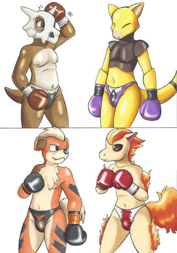anthro boxing_gloves brown_eyes clothing female fur grey_eyes group handwear male multicolored_body multicolored_tail panties speedo swimwear tail tan_body tan_fur underwear yellow_body yellow_tail dcheese nintendo pokemon abra cubone generation_1_pokemon growlithe pokemon_(species) ponyta 2018 absurd_res hi_res