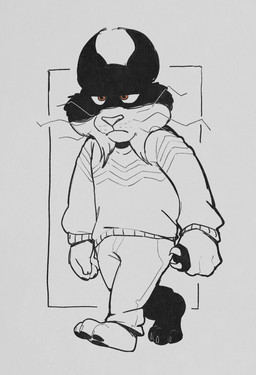 3_toes anthro barefoot black_pawpads bottomwear brown_eyes claws clothing face_in_shadow feet finger_claws glowing glowing_eyes holding_object holding_weapon male mouth_closed pants pawpads paws plantigrade serious_face simple_background soles solo sweater three-quarter_view toe_claws toes topwear venom_injector walking weapon gr_thegreat disney zootopia pawbert_lynxley canada_lynx felid feline lynx mammal hi_res high_contrast line_art sketch