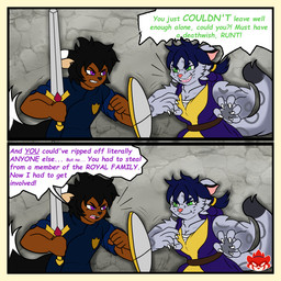 2_panel_comic anthro badge bandage bandaged_chest black_hair black_nose blue_clothing blue_hair blue_shirt blue_topwear blue_vest border brown_body brown_skin clashing claws clothed clothed_female clothed_male clothing dialogue dipstick_tail duo eyebrows fangs female fight fully_clothed fully_clothed_female fully_clothed_male fur green_eyes grey_body grey_fur hair holding_melee_weapon holding_object holding_sword holding_weapon insult insulting_another logo male markings melee_weapon messy_hair multicolored_body multicolored_fur pink_nose ponytail purple_clothing purple_eyes purple_robe robe shield shirt speech_bubble spots spotted_markings stone_wall sword tail tail_markings teeth text thick_eyebrows topwear vest wall_(structure) weapon white_tail_tip yellow_border yellow_clothing yellow_shirt yellow_topwear sinisterslyfox lilith_ashbluff lucas_vulperosa animal_humanoid canid canid_humanoid canine canine_humanoid felid fox_humanoid humanoid mammal mammal_humanoid pantherine snow_leopard 1:1 english_description english_text flat_colors hi_res