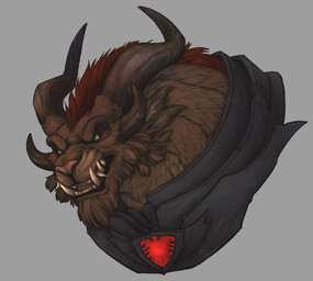 4_ears anthro armor black_armor bodyless brown_body brown_fur cheek_tuft detailed_fur disembodied_head facial_hair facial_tuft fangs fur gem goatee green_eyes hair horn male mane multi_ear open_mouth red_gem red_mane solo teeth tied_hair tongue tuft dagos guild_wars rytlock_brimstone charr felid mammal 2019 colored detailed digital_drawing_(artwork) digital_media_(artwork) hi_res shaded
