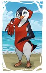 2023 anthro avian beach beak bird black_body blanclauz blue_eyes cephalopod clothing coleoid day decapodiform duo eyelashes female feral flippers hi_res izra lani_aliikai lifeguard looking_at_viewer male male/female marine mollusk multicolored_body nude one-piece_swimsuit penguin red_clothing sand sea seaside semi-anthro signature sony_corporation surf's_up swimwear tail tentacles third-party_edit two_tone_body water white_body