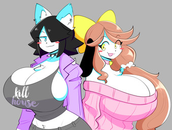 accessory anthro arm_spikes big_breasts black_bottomwear black_clothing black_hair black_shirt black_tank_top black_topwear blue_eyes blush blush_stickers bottomwear breasts brown_hair chest_tuft cleavage clothed clothing collar cropped_jacket duo female fur grey_background hair hair_accessory hair_over_eye hair_ribbon huge_breasts jacket long_hair looking_at_viewer mature_female medium_hair midriff one_eye_obstructed open_clothing open_jacket open_topwear pink_clothing pink_sweater pink_topwear purple_clothing purple_jacket purple_topwear ribbons shirt short_hair shoulder_spikes simple_background spiked_collar spikes spikes_(anatomy) sweater tank_top text text_on_clothing text_on_shirt text_on_tank_top text_on_topwear tied_hair topwear tuft white_body white_fur yellow_eyes theycallhimcake holly_applebee maggie_applebee canid canine canis domestic_dog mammal 2023 english_text hi_res daughter_(lore) mother_(lore) mother_and_child_(lore) mother_and_daughter_(lore) parent_(lore) parent_and_child_(lore) parent_and_daughter_(lore)