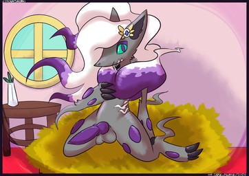 animal_genitalia animal_penis bed canine_genitalia canine_penis erection fur furniture genitals green_eyes grey_body grey_fur looking_at_viewer male on_bed penis purple_body purple_fur solo screamoshaymin nintendo pokemon generation_8_pokemon hisuian_form hisuian_zoroark pokemon_(species) regional_form_(pokemon) hi_res