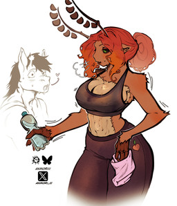 abdominal_press antennae_(anatomy) anthro areola big_breasts biped bluesky_logo blush bodily_fluids bottle bra breasts camel_toe clothed clothing container duo female female_anthro fur furaffinity_logo green_eyes hair heart_symbol long_hair male male/female may_beetle multicolored_body multicolored_fur puffy_areola red_body red_fur red_hair simple_background skimpy sports_bra sports_uniform standing sweat sweaty_breasts three-quarter_view towel twitter_logo underwear white_background anmoriiii bluesky_(social_media) furaffinity twitter arthropod beetle equid equine giraffe giraffid hybrid insect mammal zebra hi_res