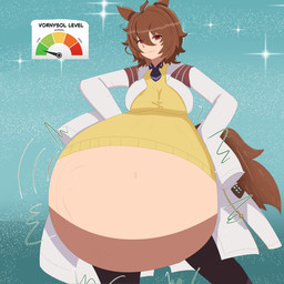 abdominal_bulge accessory ambiguous_gender ambiguous_prey animal_ears animal_tail belly big_belly big_breasts breasts brown_hair clothing coat eyelashes female female_pred hair hand_on_hip horse_tail huge_belly humanoid_pred hyper hyper_belly lab_coat long_sleeves looking_at_viewer navel necktie overweight overweight_female overweight_humanoid pattern_background prey_outline red_eyes shake_lines simple_background smile solo sparkles text topwear vore goatenjoyer cortisol_level_(meme) cygames uma_musume_pretty_derby agnes_tachyon_(pretty_derby) animal_humanoid equid equid_humanoid equine equine_humanoid horse_humanoid humanoid mammal mammal_humanoid 1:1 2026 absurd_res digital_drawing_(artwork) digital_media_(artwork) english_text hi_res meme