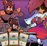 ambiguous_gender anthro breath brown_hair card chair clothing cross-popping_vein duo ear_piercing ear_ring eye_glint female furniture hair hoodie island piercing playing_card playing_game red_clothing red_hoodie red_topwear ring_piercing shaking_fist sharp_teeth simple_background sitting table teeth topwear vein water yellow_sclera eric_peterson hollybny hasbro magic:_the_gathering wizards_of_the_coast species_request hi_res