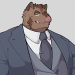 anthro barazoku brown_body clothing kemono male necktie shirt simple_background solo suit topwear teree_gte knights_college hermann_(knights_college) mammal suid suina sus_(pig) wild_boar 1:1 2024 hi_res