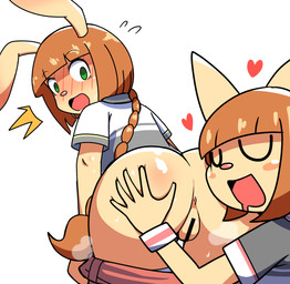 anthro anus big_butt biped blush blush_lines blush_stickers bodily_fluids body_blush bottomwear bottomwear_down bracelet braided_hair brown_hair butt butt_blush butt_grab censor_bar censored_genitalia censored_vulva clothed clothing drooling duo eyebrows face_on_butt female female/female fondling glistening glistening_butt green_eyes hair hand_on_another's_butt hand_on_butt heart_symbol jewelry leaning leaning_forward long_ears long_hair looking_at_another looking_back musk open_mouth open_smile pants pants_down partially_clothed pigtails questionable_consent raised_eyebrows saliva shirt shocked simple_background smile sweat sweaty_butt topwear twin_braids underwear underwear_down white_background subshib bemani konami pop'n_music mimi_(pop'n_music) nyami_(pop'n_music) domestic_cat felid feline felis lagomorph leporid mammal rabbit censored hi_res shaded