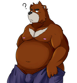 anthro belly bottomwear brown_body brown_fur bulge clothing fur genitals humanoid_hands male moobs navel nipples overweight overweight_anthro overweight_male pants penis question_mark simple_background solo white_background baru_x2 morenatsu juuichi_mikazuki bear mammal 2015