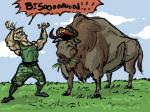 black_eyes blonde_hair brown_body brown_fur clothing duo eating eating_grass feral fur grass hair hat headgear headwear humor male plant pun text visual_pun yelling unknown_artist capcom street_fighter guile bison bovid bovine human mammal english_text