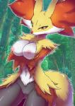 anthro areola breasts detailed_background female fur genitals nipples pink_areola pink_nipples pussy red_body red_fur solo yellow_body yellow_fur kicktyan nintendo pokemon canid canine delphox generation_6_pokemon mammal pokemon_(species) 2020 hi_res