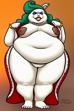 anthro belly big_belly big_breasts breasts clothing ear_piercing ear_ring female gem genitals green_hair hair huge_belly jewelry lipstick looking_at_viewer makeup navel necklace obese overweight overweight_female pearl_(gem) pearl_necklace piercing ring_piercing robe smile smiling_at_viewer solo standing stretch_marks undressing vulva oystercatcher7 mario_bros nintendo super_mario_odyssey broodal madame_broode lagomorph leporid mammal rabbit 2023 2:3 absurd_res hi_res signature