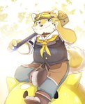 anthro apron clothing eyewear facial_hair fur goatee goggles hammer male scar short_stack solo tools topwear vest yellow_body yellow_fur sirius_hoshi_s lifewonders live_a_hero procy canid canine canis domestic_dog mammal hi_res