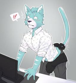 anthro blue_body blue_fur blush clothed clothing computer disembodied_hand duo electronics fur grope keyboard male monitor pink_eyes shirt simple_background solo_focus standing teasing topwear husdingo domestic_cat felid feline felis mammal