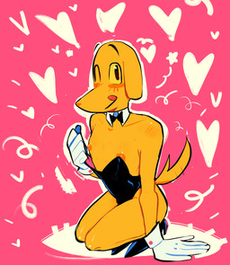 anthro bunny_costume clothing costume crouching femboy footwear gloves handwear high_heels male nipples one_eye_closed shoes solo white_clothing white_gloves white_handwear wink yellow_body yellow_eyes conditional_dnp thewitchofart glitch_productions the_amazing_digital_circus scratch_(tadc) bird_dog canid canine canis domestic_dog hunting_dog labrador mammal retriever absurd_res hi_res