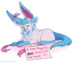 ambiguous_gender blue_hair conversational_sign eyes_closed feral hair highlighted_text humor paws pink_hair placard ribbons sign simple_background sitting smile solo text text_emphasis tongue tongue_out underline white_background princessharumi dogshaming nintendo pokemon eeveelution generation_6_pokemon pokemon_(species) shiny_pokemon sylveon 2014 english_text meme