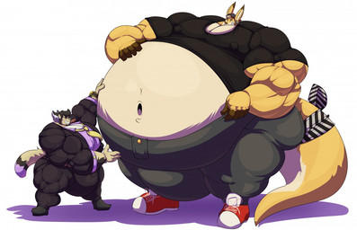 5_fingers anthro belly big_belly big_bulge big_muscles big_pecs bottomwear bulge clock clothing deep_navel duo earpiece eyes_closed fingers footwear grin hand_on_belly hat headgear headwear huge_belly huge_bulge huge_muscles huge_pecs hyper hyper_belly hyper_bulge hyper_muscles hyper_pecs looking_at_another male musclegut muscular navel necktie nipples overweight pants pecs plantigrade shirt shoes simple_background size_difference smile standing suit topwear watch white_background wristwatch bobert joey_(broadsword) kangaroo macropod mammal marsupial 2020