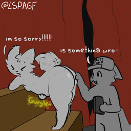 anthro butt clothing curtains curtains_closed dialogue duo fur hat hat_only headgear headgear_only headwear headwear_only male male/male mostly_nude rumbling_stomach white_body white_fur lspagf boy_kisser_(meme) felid feline mammal 1:1 absurd_res hi_res meme
