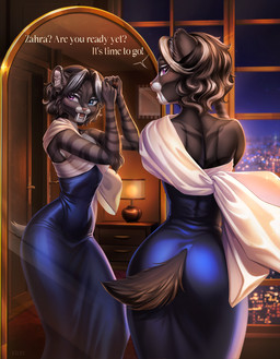 anthro biped breasts butt claws clothed clothed_anthro clothed_female clothing female fingers fur hair inside mirror rear_view solo standing stripes tail teeth tongue kilbi felid feline mammal 2026 digital_drawing_(artwork) digital_media_(artwork) hi_res