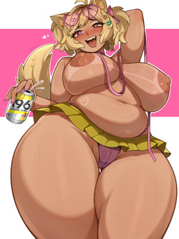 accessory ahoge alternative_fashion areola beverage beverage_can big_breasts bikini bikini_bottom blonde_hair blush bodily_fluids bottomwear bow_ribbon breasts brown_areola brown_nipples camel_toe clothed clothing collar curvy_figure eyebrow_through_hair eyebrows eyelashes eyewear eyewear_on_head female genitals glasses green_eyes gyaru hair hair_accessory hair_bow hair_ribbon hand_behind_head heart_glasses heart_symbol holding_beverage holding_object huge_breasts inner_ear_fluff j-fashion leash leashed_collar legs_together looking_at_viewer low-angle_view microskirt miniskirt navel nipples open_mouth open_smile plump_labia ribbons short_hair skirt slightly_chubby smile solo standing sunglasses sunglasses_on_head suntan sweat sweaty_body swimwear tail tan_line tanned_skin teeth thick_thighs thigh_gap tongue tongue_out topless translucent translucent_hair tuft two-piece_swimsuit voluptuous vulva wide_hips yellow_tail melonpuff vtuber mint_castella animal_humanoid canid canid_humanoid canine canine_humanoid dog_humanoid humanoid mammal mammal_humanoid 2025 3:4 absurd_res hi_res