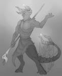 anthro biped clothing grey_background holding_object holding_staff male raised_hand simple_background solo staff standing blackchaos666 keinos divenka digital_drawing_(artwork) digital_media_(artwork) full-length_portrait greyscale monochrome portrait watermark