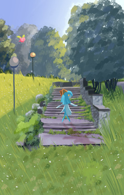 ambiguous_gender blue_hair female feral hair landscape not_furry open_mouth orange_eyes park pink_body plant ruins smile stairs tail white_body ponporio nintendo pokemon generation_2_pokemon generation_3_pokemon hoppip humanoid kirlia pokemon_(species) shiny_pokemon absurd_res digital_media_(artwork) hi_res