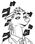 anthro clothing cosplay eyebrows eyelashes female hair highlights_(coloring) necktie solo suit text thick_eyebrows anonymous_artist disney jojo's_bizarre_adventure menacing_(meme) the_lion_king shenzi_(the_lion_king) yoshikage_kira hyena mammal spotted_hyena bust_portrait hi_res japanese_text meme monochrome portrait