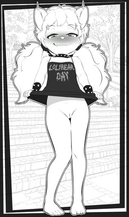 anthro barefoot bite biting_lip blush bottomless bracelet clothed clothing clothing_lift collar ear_piercing eyebrow_piercing eyebrow_through_hair eyebrows facial_piercing fangs feet female genitals hair half-closed_eyes innie_vulva jewelry loli narrowed_eyes outside piercing pigtails presenting presenting_vulva shirt solo spiked_bracelet spiked_collar spikes tank_top teeth text text_on_clothing text_on_shirt text_on_tank_top text_on_topwear toes topwear translucent translucent_hair vulva young young_anthro young_female sicmop molly_(sicmop) bear mammal 2021 black_and_white english_text hi_res monochrome