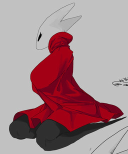 anthro biped black_body black_eyes breasts cloak clothing female grey_background hollow_eyes kneeling long_legs looking_aside multicolored_body on_ground simple_background solo white_body meckmeck00124 hollow_knight_(franchise) team_cherry hornet_(hollow_knight) arthropod hi_res