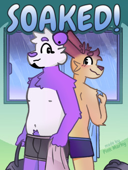 anthro antlers back_to_back backpack blush clothing duo ear_piercing eye_contact fur horn looking_at_another male nipples piercing purple_body purple_fur smile text towel underwear white_body white_fur window yellow_body yellow_fur pink_marky mike_(pink_marky) oliver_(pink_marky) bear giant_panda jackalope lagomorph mammal 3:4 artist_name comic cover cover_art cover_page hi_res