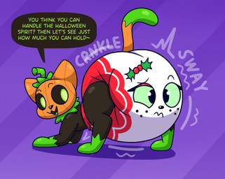 big_diaper black_body black_fur bottomwear clean_diaper clothed clothing dialogue diaper diaper_transformation duo female feral food for_a_head fruit fur green_eyes huge_diaper looking_back male open_mouth plant pumpkin pumpkin_head questionable_consent simple_background speech_bubble tail text transformation wearing_diaper nyxiettenyxstar junipurr pumkat animate_inanimate diaper_creature domestic_cat elemental_creature felid feline felis food_creature mammal object_head 2025 digital_media_(artwork) english_text hi_res