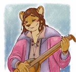anthro bard brown_hair claws clothed clothing curled_hair fingers fur guitar hair holding_object long_hair lute male medieval medieval_clothing medieval_style musical_instrument open_mouth overweight overweight_anthro overweight_male plucked_string_instrument simple_background slightly_chubby smile solo string_instrument mytigertail rpg_world gabe_(mytigertail) felid mammal pantherine tiger digital_media_(artwork) hi_res