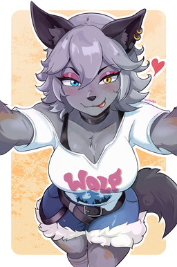 anthro arms_out bedroom_eyes belt_buckle big_breasts black_bra black_clothing black_underwear blue_eyes blush bottomwear bra bra_strap breasts brown_body brown_fur buckle choker cleavage clothed clothing denim denim_bottomwear denim_clothing denim_shorts ear_piercing female fur grabbing_viewer grey_body grey_fur grey_hair hair heart_symbol heterochromia jewelry multicolored_body multicolored_fur narrowed_eyes necklace piercing seductive shorts small_waist smile solo tail thick_thighs tongue tongue_out underwear wide_hips yellow_eyes silvermaster epic_games fortnite wolfie_(fortnite) canid canine canis mammal wolf 2025 absurd_res digital_drawing_(artwork) digital_media_(artwork) hi_res