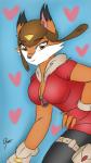 anthro aviator_cap breasts claws cleavage clothed clothing female heart_symbol leaning leaning_forward pose smile solo suit amazing-rannybella penny_fox canid canine fox mammal 9:16 hi_res