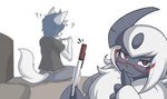 2017 :3 absol anthro bed blue_hair blurred_background bottomwear canid canine canis clothed clothing depth_of_field digital_media_(artwork) duo eyewear female fully_clothed fur furniture generation_3_pokemon glasses hair hi_res horn implied_pokephilia long_hair looking_at_viewer lute_(zinfyu) male mammal neck_tuft nintendo on_bed pants pen pokemon pokemon_(species) prank pregnancy_test question_mark red_eyes shaded shirt shush sitting smile smiling_at_viewer topwear tuft white_body white_fur white_hair wolf zinfyu