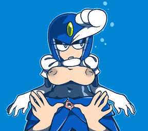 armor big_breasts blue_background blue_body blue_eyes blue_scales bodily_fluids breasts brown_nipples bubble clitoris clothing duo exposed_breasts female front_view genital_fluids genitals glistening_eyelids gloves half-closed_eyes handwear headgear helmet humanoid_genitalia humanoid_vulva juliet_sleeves lidded_eyes light_body light_skin looking_away lying machine narrowed_eyes navel_outline nipple_dip nipples on_back open_mouth pov_hands scales simple_background solo_focus split_form spread_vulva spreading underwater vaginal_fluids vulva water wide_hips boggle capcom mega_man_(series) splash_woman aquatic humanoid merfolk robot robot_humanoid robot_master 2012