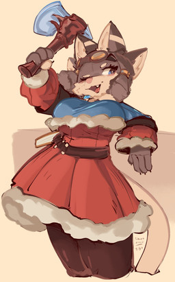 4_ears anthro axe blue_eyes breasts clothed clothed_anthro clothed_female clothing cute_fangs eyewear fangs female fully_clothed fully_clothed_anthro fully_clothed_female goggles holding_axe holding_object multi_ear one_eye_closed open_mouth open_smile pink_nose simple_background smile solo tail tan_background teeth wink conditional_dnp tohupo mammal 2025 absurd_res digital_drawing_(artwork) digital_media_(artwork) hi_res