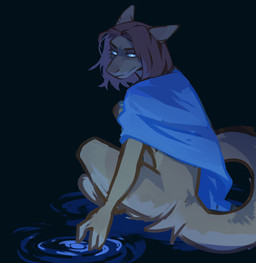 anthro black_background blue_cape blue_clothing blue_eyes brown_body brown_fur brown_hair cape clothing female fur hair mouth_closed pupils side_view simple_background sitting solo tan_body tan_fur white_pupils corzh77 mythology dragon furred_dragon furred_scalie mythological_creature mythological_scalie scalie absurd_res hi_res