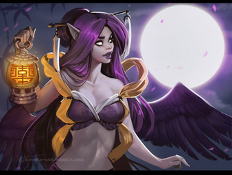 5_fingers breasts clothed clothing eyebrows eyelashes feathered_wings feathers female fingers hair lamp lantern moon night not_furry outside purple_body purple_feathers purple_hair sky solo wings aomori humanoid 2019 digital_media_(artwork)